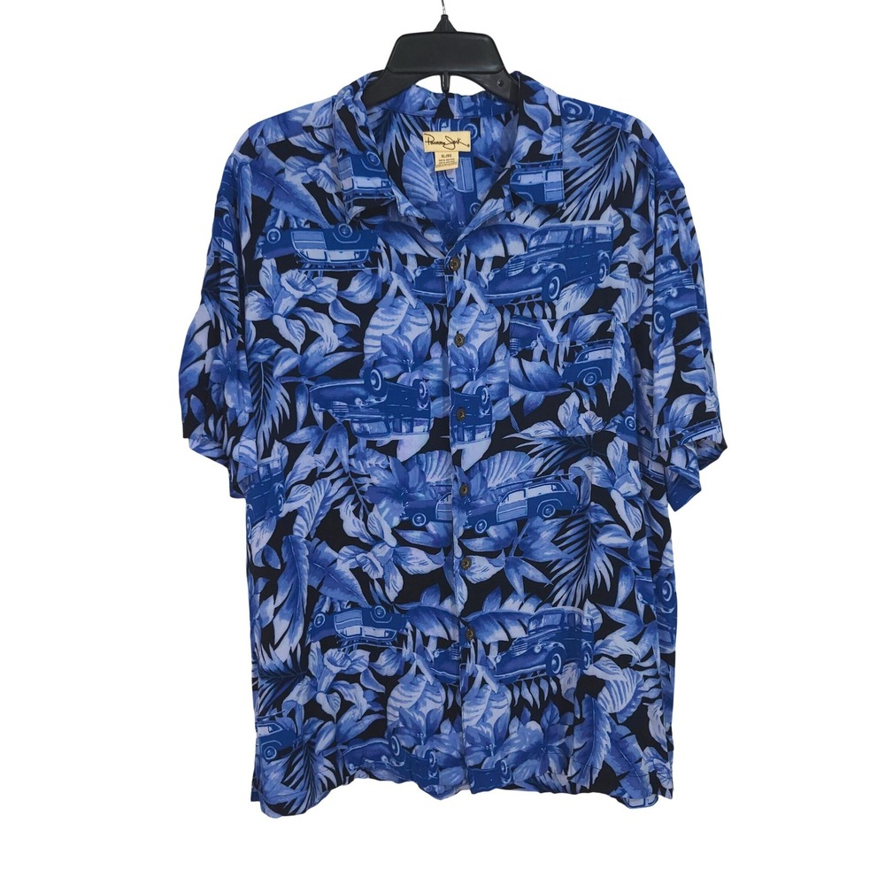 Panama Jack Woody Car Button Up Camp Shirt Mens XL Blue Rayon Tropical Aloha